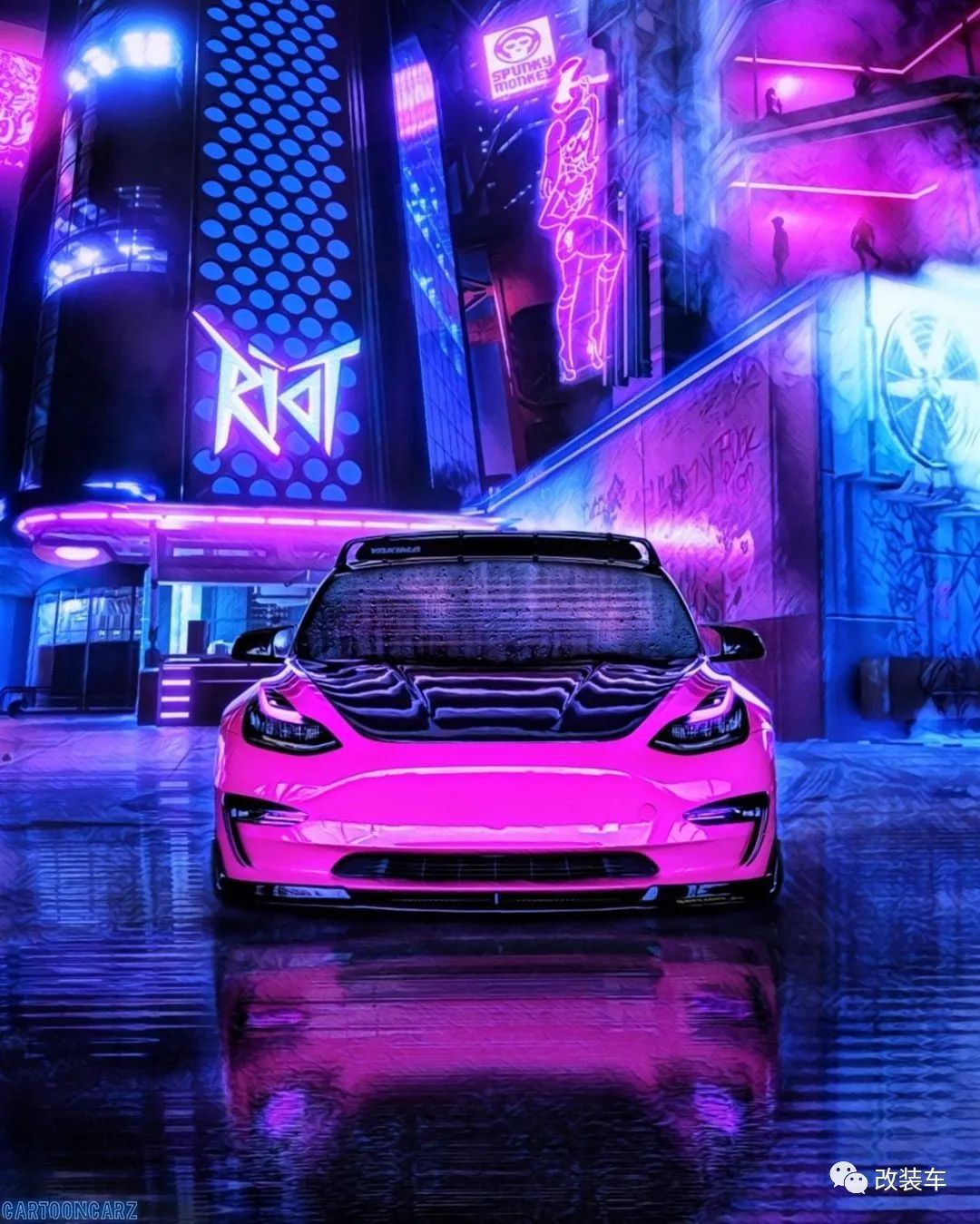 气罐带火焰特效的粉色特斯拉Model 3，电动车竟有一颗内燃机的心