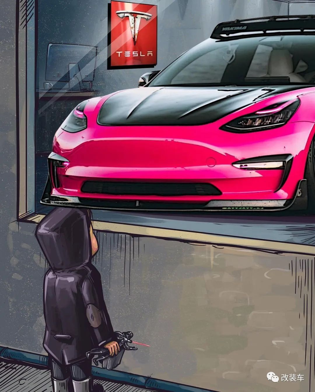 气罐带火焰特效的粉色特斯拉Model 3，电动车竟有一颗内燃机的心