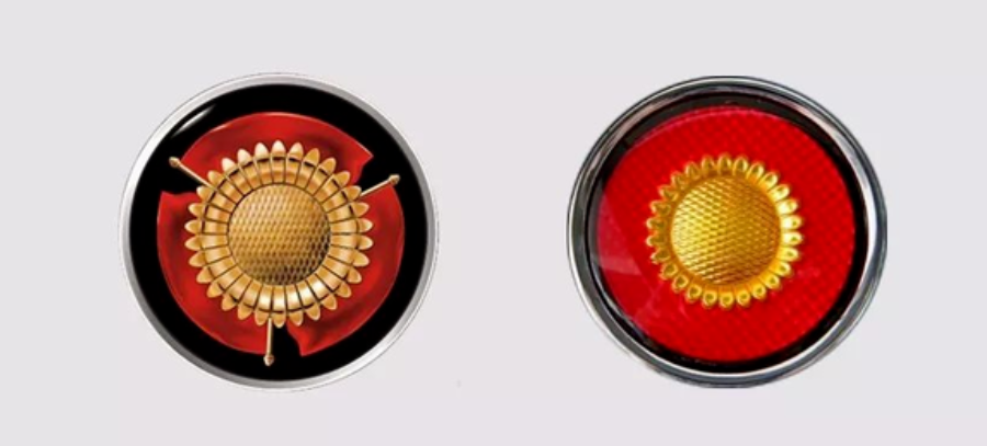 金葵花的车标在核心位置,是一朵盛开的金色向日葵,外围有经典的中国红